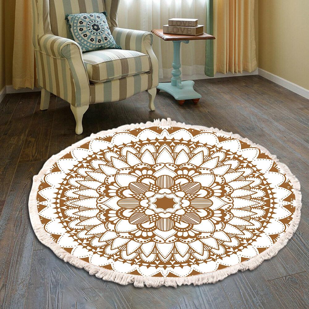 Nordic Cotton and Linen Home Leisure Non-slip Fringed Printed Round Carpet Living Room Floor Mat Bedroom Bedside Blanket