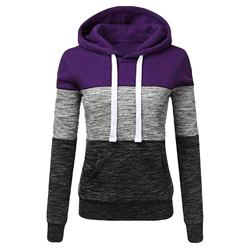 Fashion Womens Casual Hoodies Sweatshirt Patchwork Ladies Hooded Blouse Pullover