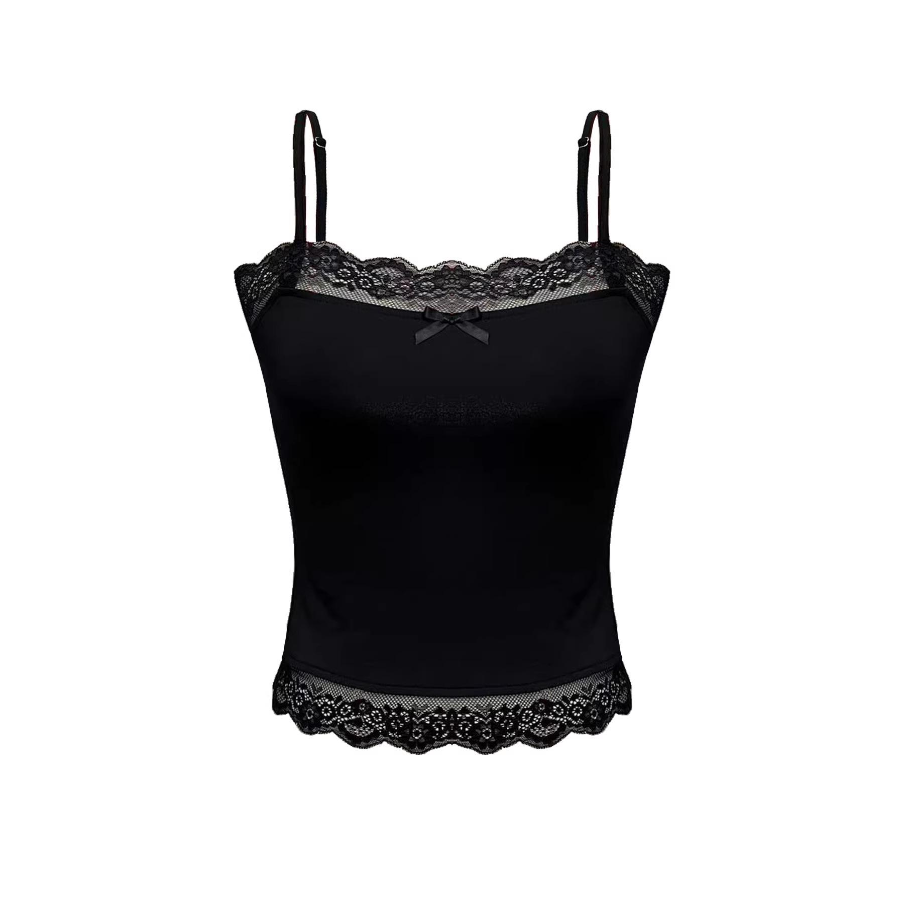 2026 Euro-American Summer Patchwork Lace Bow Spaghetti Strap Tank Top Medium