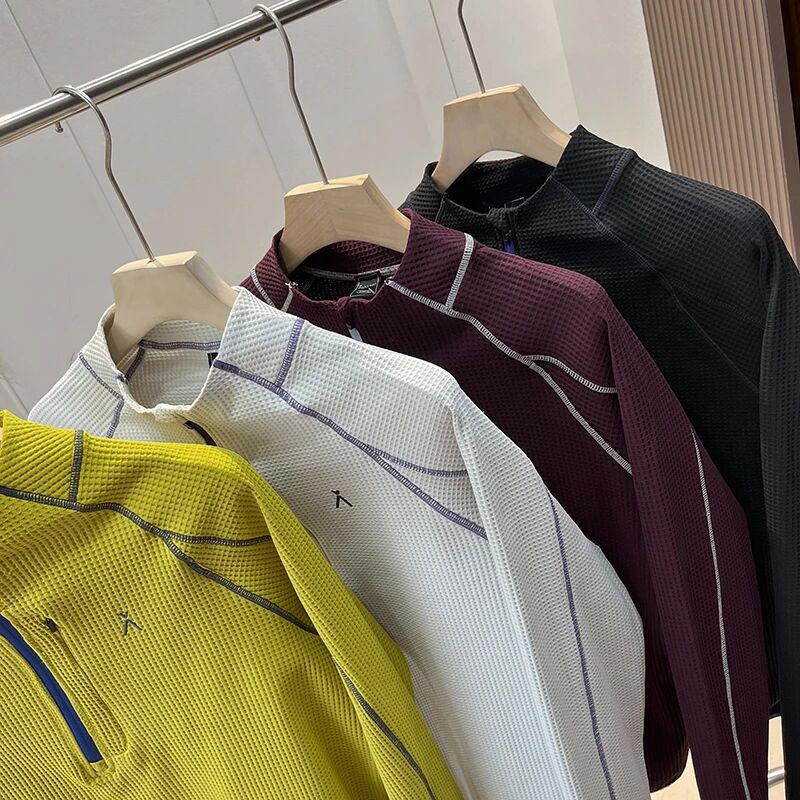 Mountain-Style Unisex Autumn Waffle Knit Half-Zip T-Shirt: Color-Block, Snap Button, Loose Fit, Breathable Long Sleeves