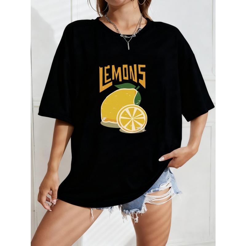

Винтажная футболка оверсайз с принтом желтых лимонов – LEMONS Свежий яркий топ на фруктовую тематику S чёрный