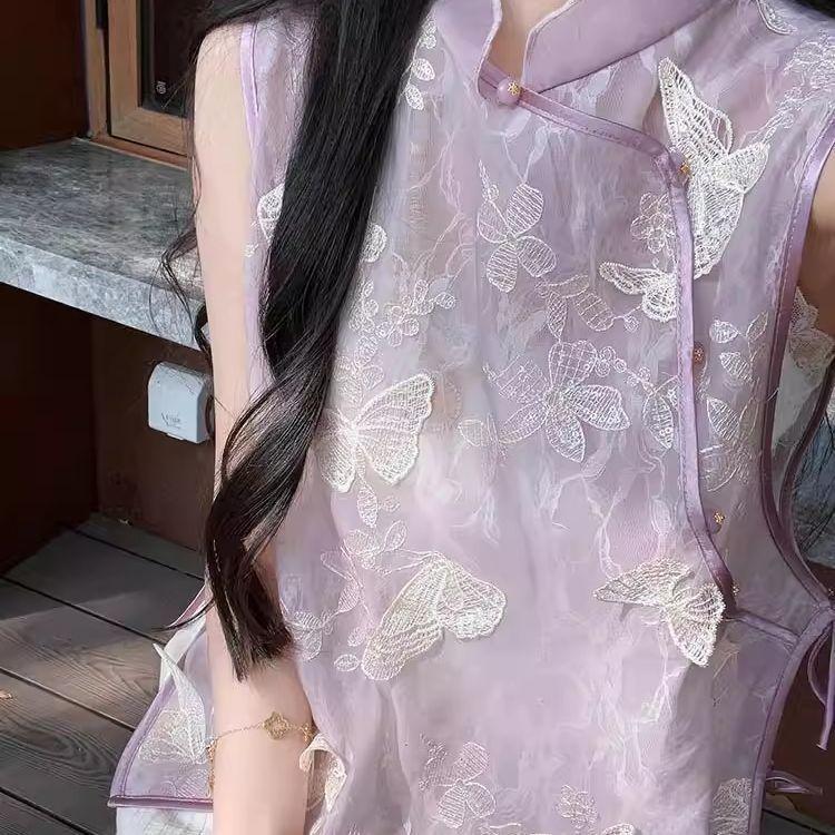 

Женский жилет с вышивкой бабочек, улучшенный фиолетовый чонсам, тонкий жилет из сетки без рукавов, верхняя накидка XL (112-62.5kg recommended)