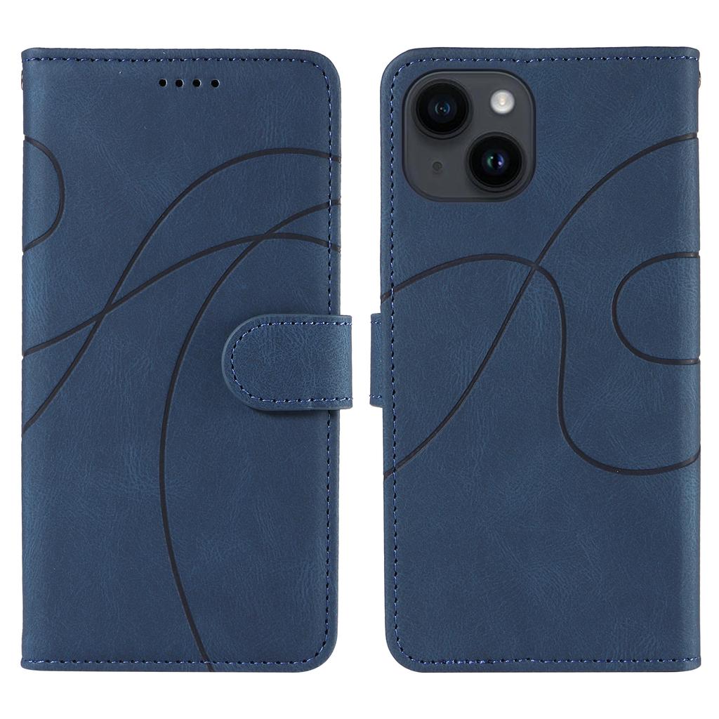 For iPhone 15 Wallet Case Leather Phone Cover Stand with Curved Line Design