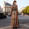 Large size bohemian print long-sleeved dress, ethnic style vacation beach dress loose, belt decoration