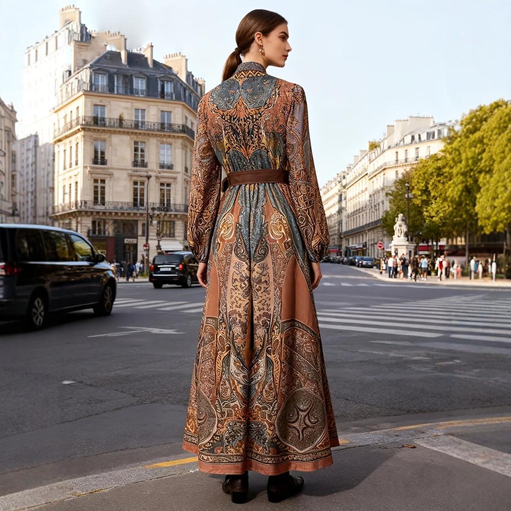 Large size bohemian print long-sleeved dress, ethnic style vacation beach dress loose, belt decoration