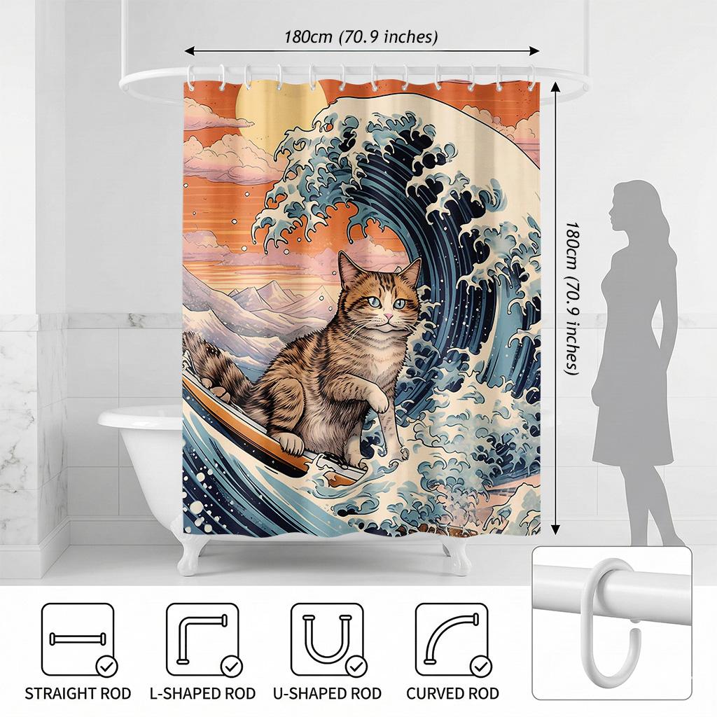 Funny Surfing Cat Great Wave Shower Curtain - Creative Ukiyo-E Ocean Art Design - Indoor Home Bathroom Decor Bath Curtain