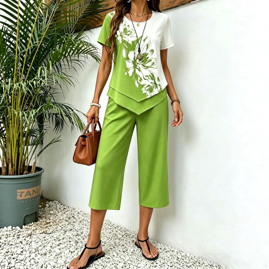 European and American Cross-border TK Amazon Temu2026 Summer Fashion Printing Irregular Top Cropped Pants Two-piece Set