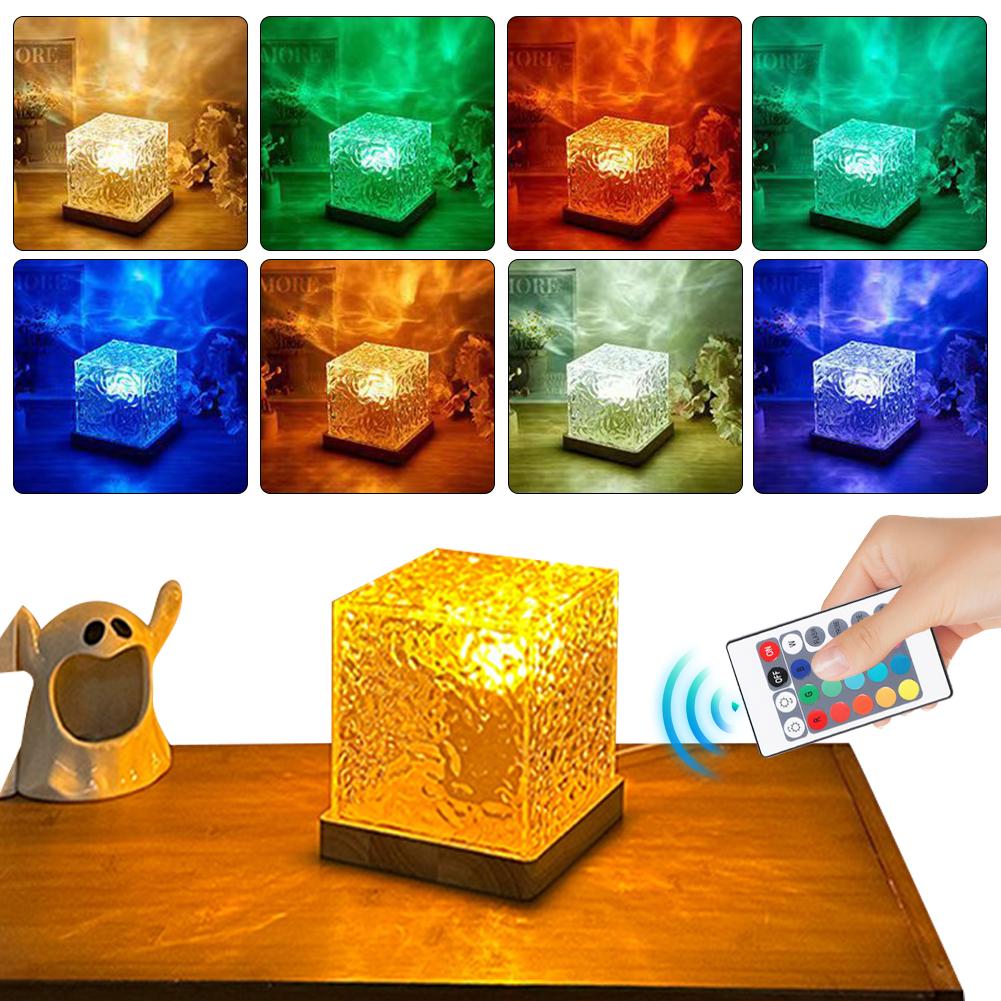 Dynamic Water Ripple Night Light Remote Control Rotating Water Wave Night Light 6 Colors Water Ripple Cube Colorful Night Light
