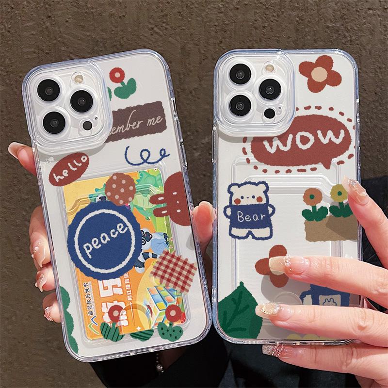 Card Slot Holder Silicone Wallet Pocket Case For Samsung A15 A25 A35 Xiaomi Redmi Note 12 13 14 Oppo A38 A58 A78 iPhone 16 17 Cover Clear Phone Bumper