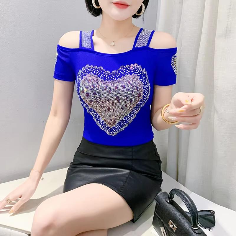 TrendHub Sexy Off Shoulder T Shirt for Women Luxury Flower Diamonds Short Sleeve Tee Summer Fashion Womens Mesh Tee Shirts Top