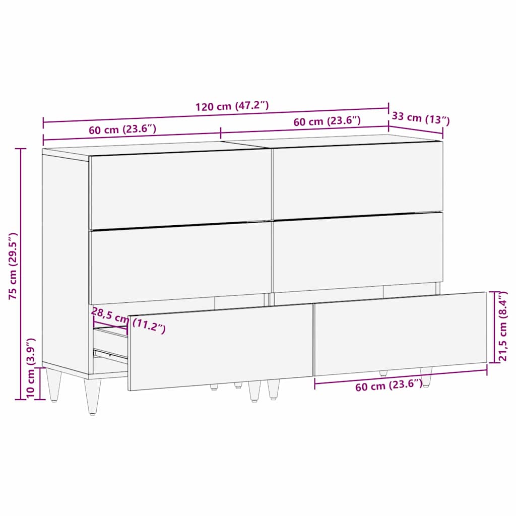 Sideboard 2 pcs White 120 x 33.5 x 75 cm Solid Mango Wood