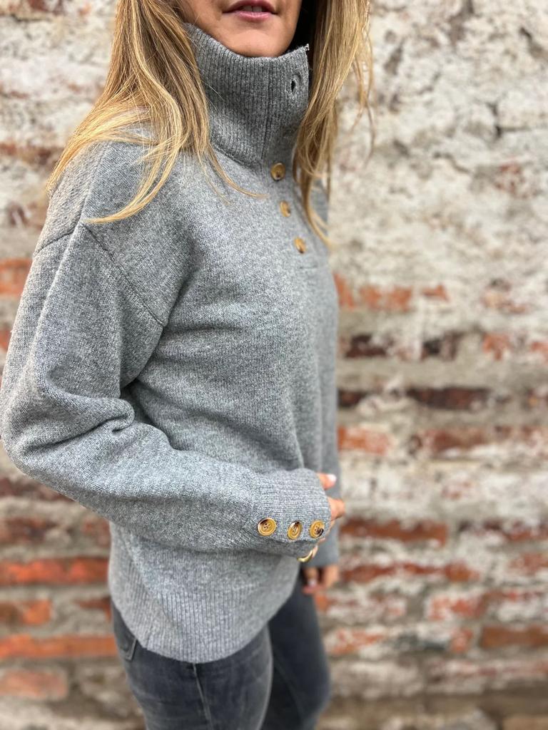 Autumn New Style Stand Collar Knit Sweater Women's Casual Loose Pullover with Buttons