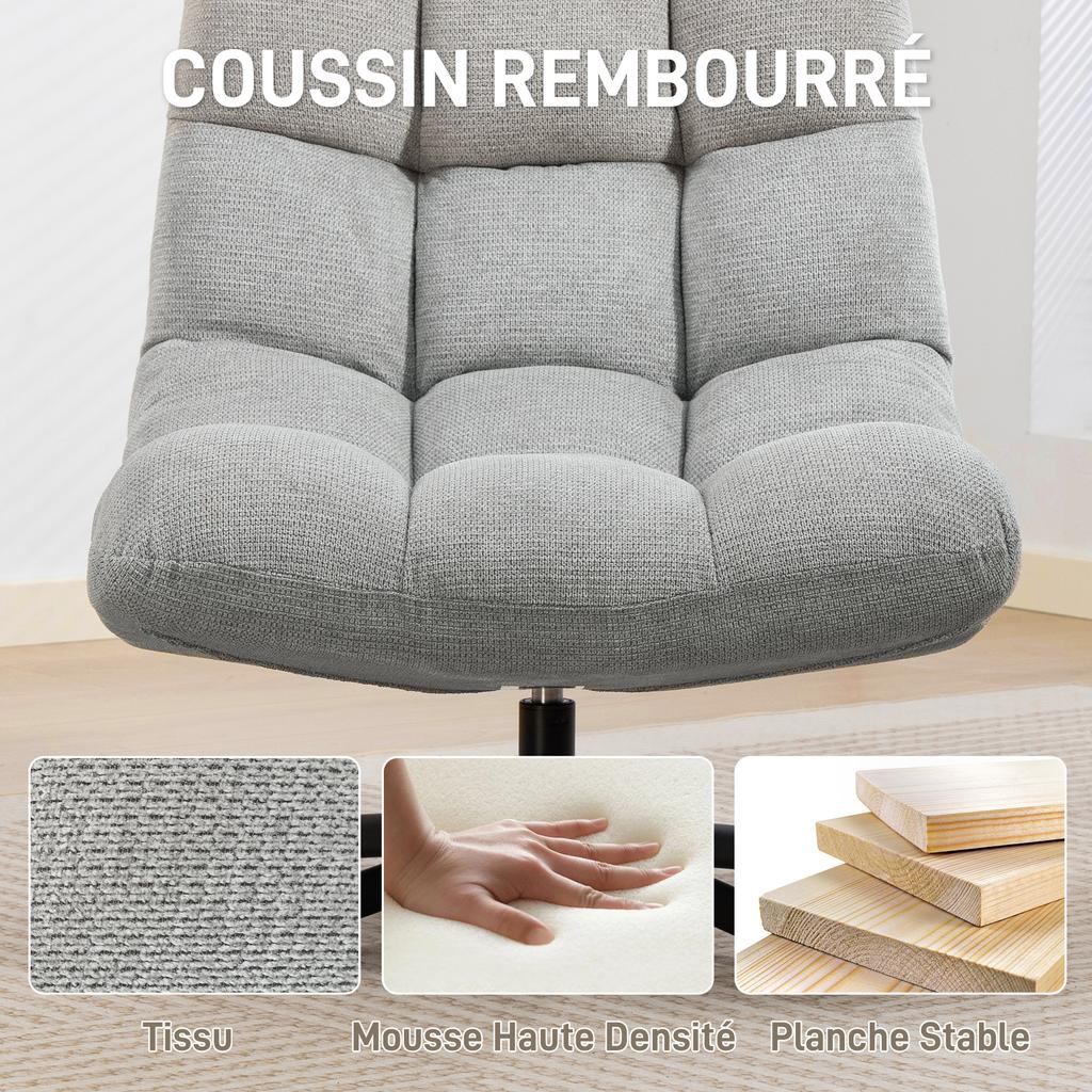 Lounge Chair, Armless, Swivel, Chenille Fabric, Wide Seat, 75 x 95 x 90 cm, Light Grey
