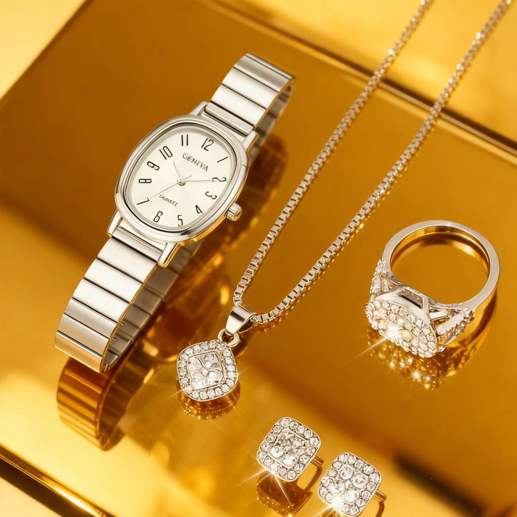 6pcs/Set-Women's Ring Necklace Earrings Rhinestone Fashion Watch Women's Casual Watch Bracelet Set