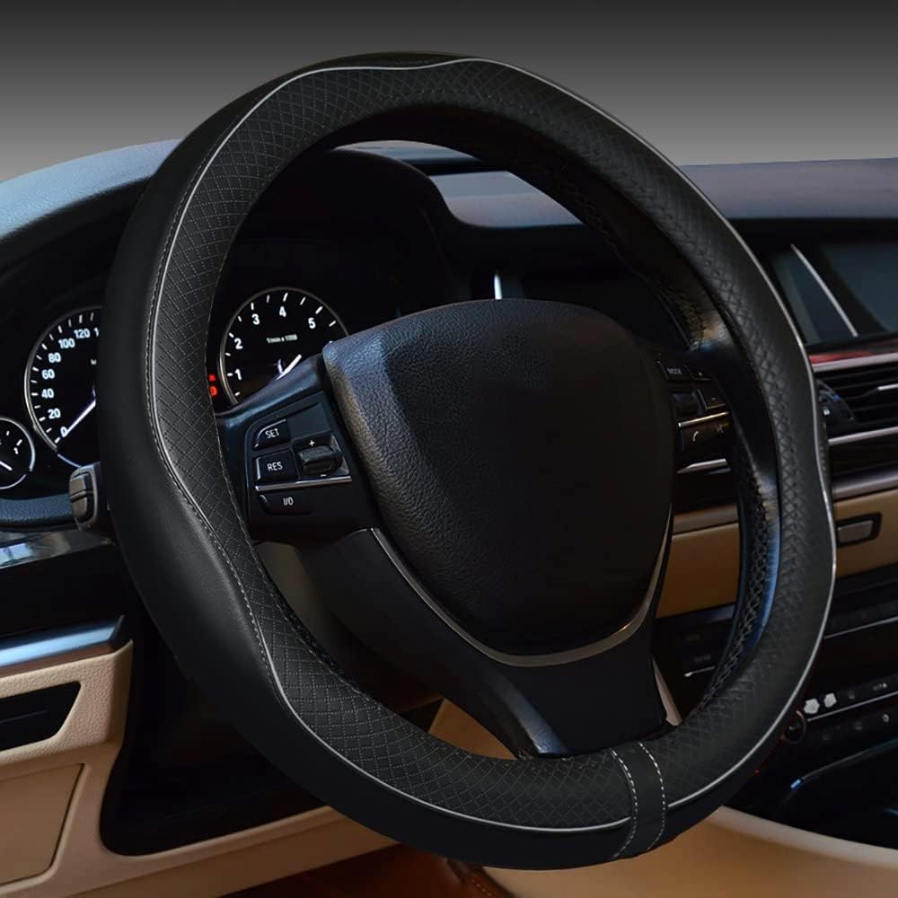 BSCI-Certified Premium Leather Steering Wheel Cover Anti-Slip Safety Soft Breathable Heavy-Duty Thick Universal 15 Inch 38 cm чёрный
