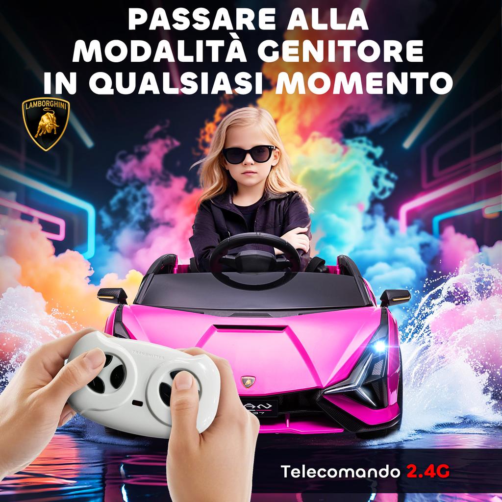 Lamborghini 12V Electric Ride-On Car for Kids Ages 3-5 with Remote Control and 3-5km/h Speed. Pink