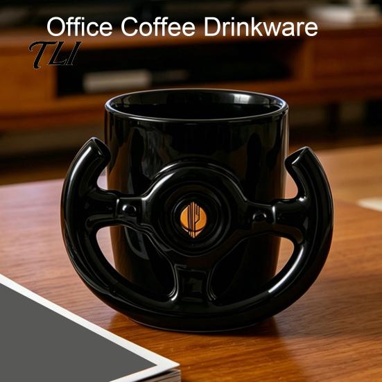Auto-Themen Bürobedarf Lustige Lenkrad-Kaffeetasse, Keramik-Rennbecher, 400 ml Kreativer Fan-Becher Glänzend Schwarz Trinkgeschirr für Schreibtisch und Gaming-Zimmer