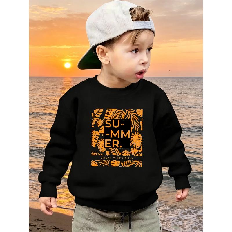 European sizes Kids' Trendy Orange Letter and Leaf Pattern Print Casual Long-Sleeve Crewneck Sweatshirt / Comfortable / Simple and Versatile