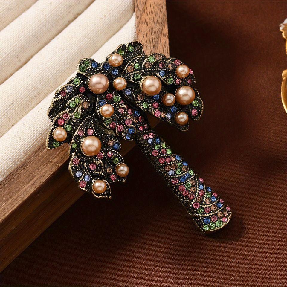 Women Men Fashion Crystal Heavy Industry Coconut Palm Brooch Pin Elegant Vintage Lady Plant Badges