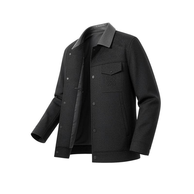 Hongdou Men's 100% Wool Workwear Jacket with Contrast Leather Collar
