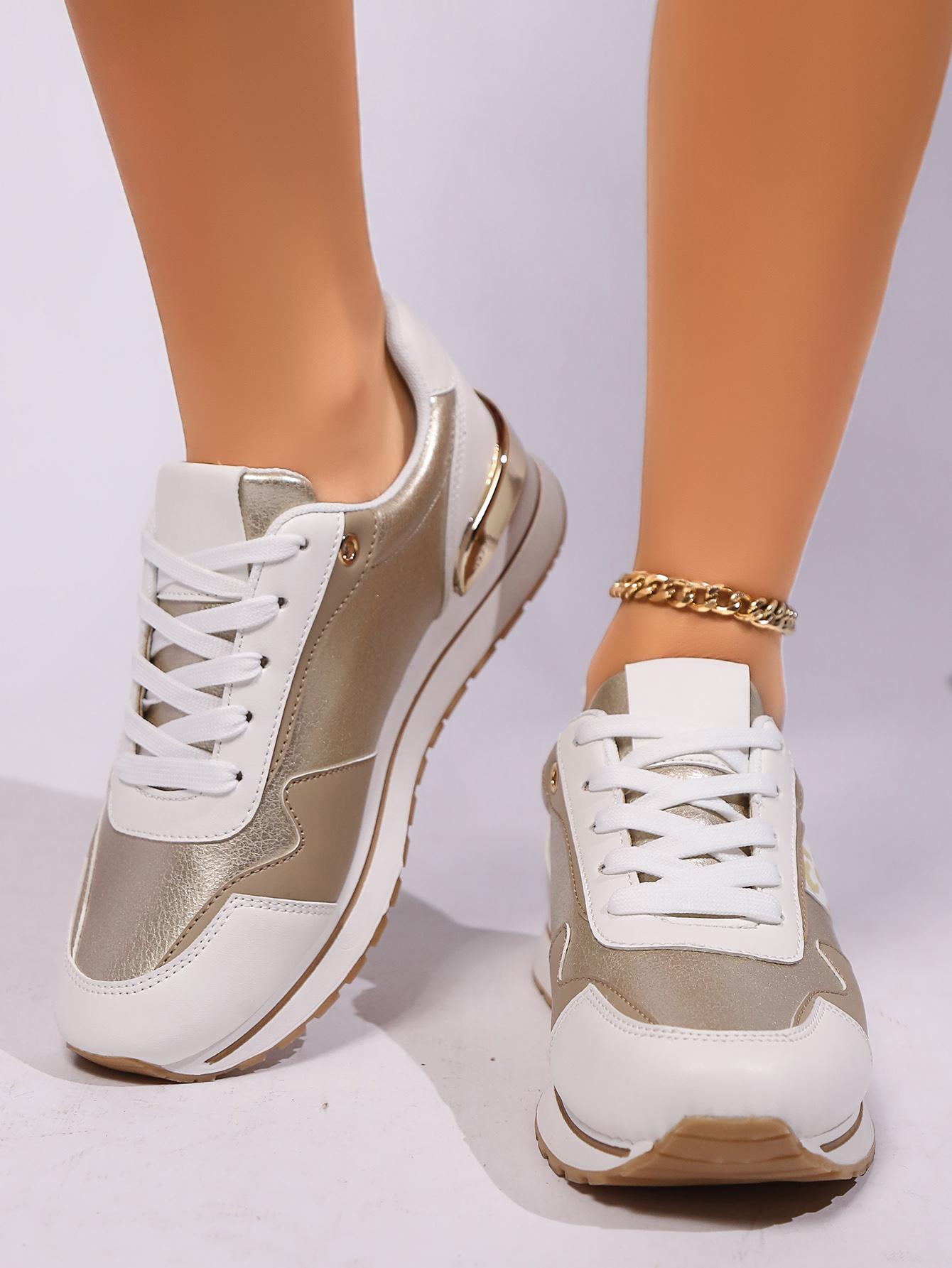 

Женская обувь большого размера на платформе, осень 2024, новые повседневные спортивные туфли с круглым носком и неглубоким горлом на шнуровке 41 золотой