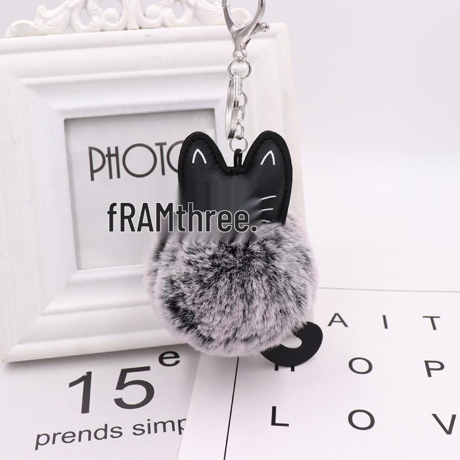 Adorable Black Kitten Keychain with Faux Fur Ball Charm - Cat Plush Toy Accessory