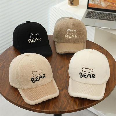 Casquette de baseball pour enfants brodée d'un ours mignon Automne Hiver Laine d'agneau Bébé Garçon Fille Casquettes à languette de canard pour enfants Chapeau à visière chaud