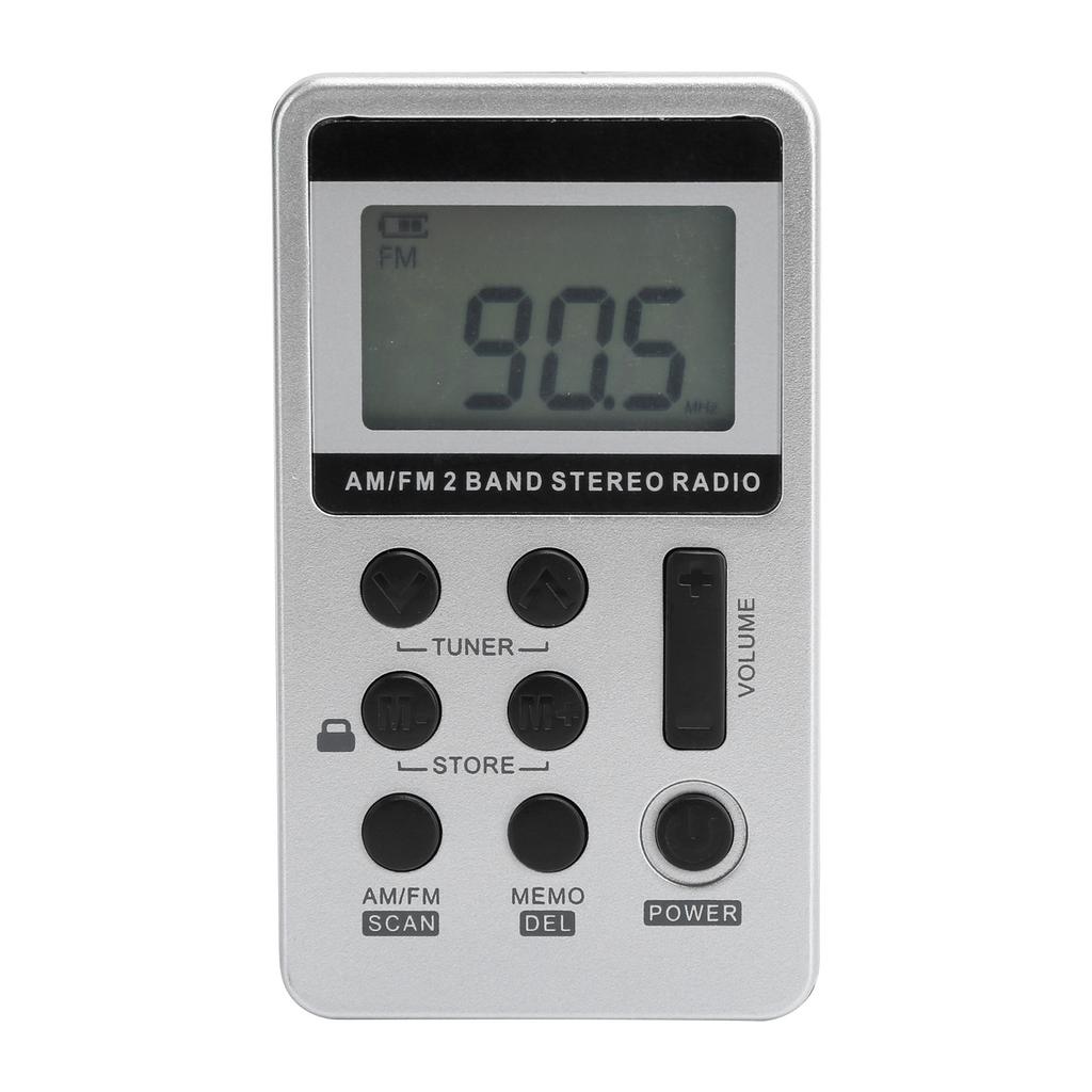 QQT103 Profesionální rádio Mini Přenosný FM AM Stereo Přijímač LCD Displej se Sluchátkem Stříbrný