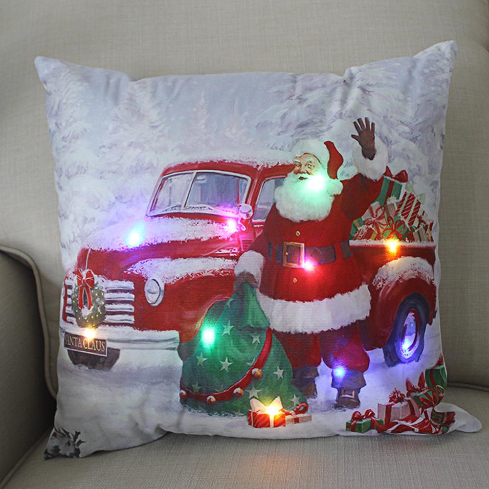 LED Light Christmas Cushion Cover Short Plush Elk Throw Pillow Case for Sofa Luminous Santa Clause Printed Pillowcase Home Decor