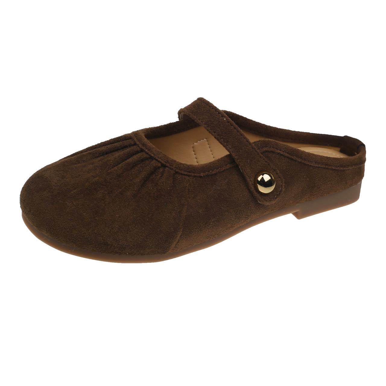 

2025 spring new soft bottom small fragrant wind word with Velcro Mary Jane half slippers women s pleated bag head slippers 35 коричневый