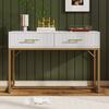 Makeup Desk Dressing Table with 2 Drawers Golden Handle Decorative Ribs Metal Frame Modern White Easy Assembly Bedroom Side Narrow Console Vanity