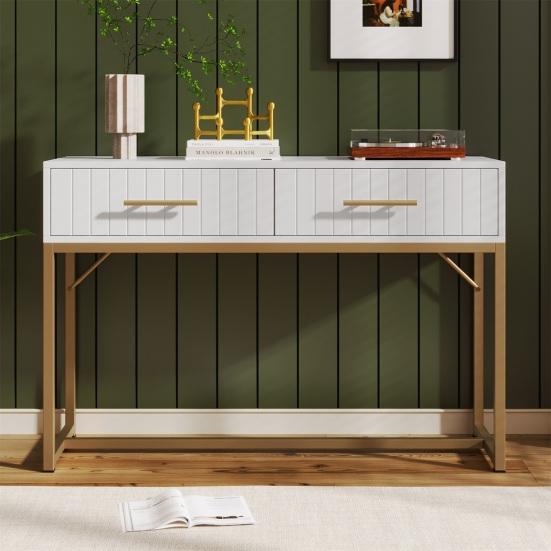 Makeup Desk Dressing Table with 2 Drawers Golden Handle Decorative Ribs Metal Frame Modern White Easy Assembly Bedroom Side Narrow Console Vanity