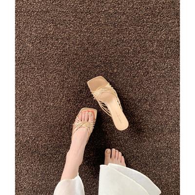 Sheepskin~ 6CM Square Head Is Not Tired, High-heeled Slippers Women's Cross-strap Open-toed Cool Slippers Outer Wear Summer