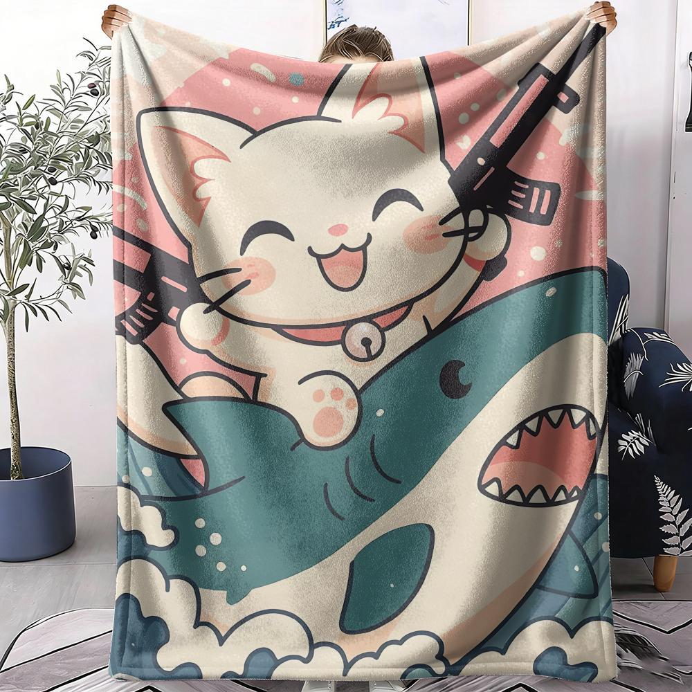 Cat Riding a Shark Throw Soft Flannel AC Blanket Lightweight Summer Nap Throw Cozy  Blanket for Sofa Bed Travel Home