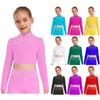 Girls Mock Neck Long Sleeve Keyhole Back Sparkling Rhinestones Metallic Crop Top for Jazz Dance