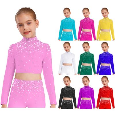 Girls Mock Neck Long Sleeve Keyhole Back Sparkling Rhinestones Metallic Crop Top for Jazz Dance