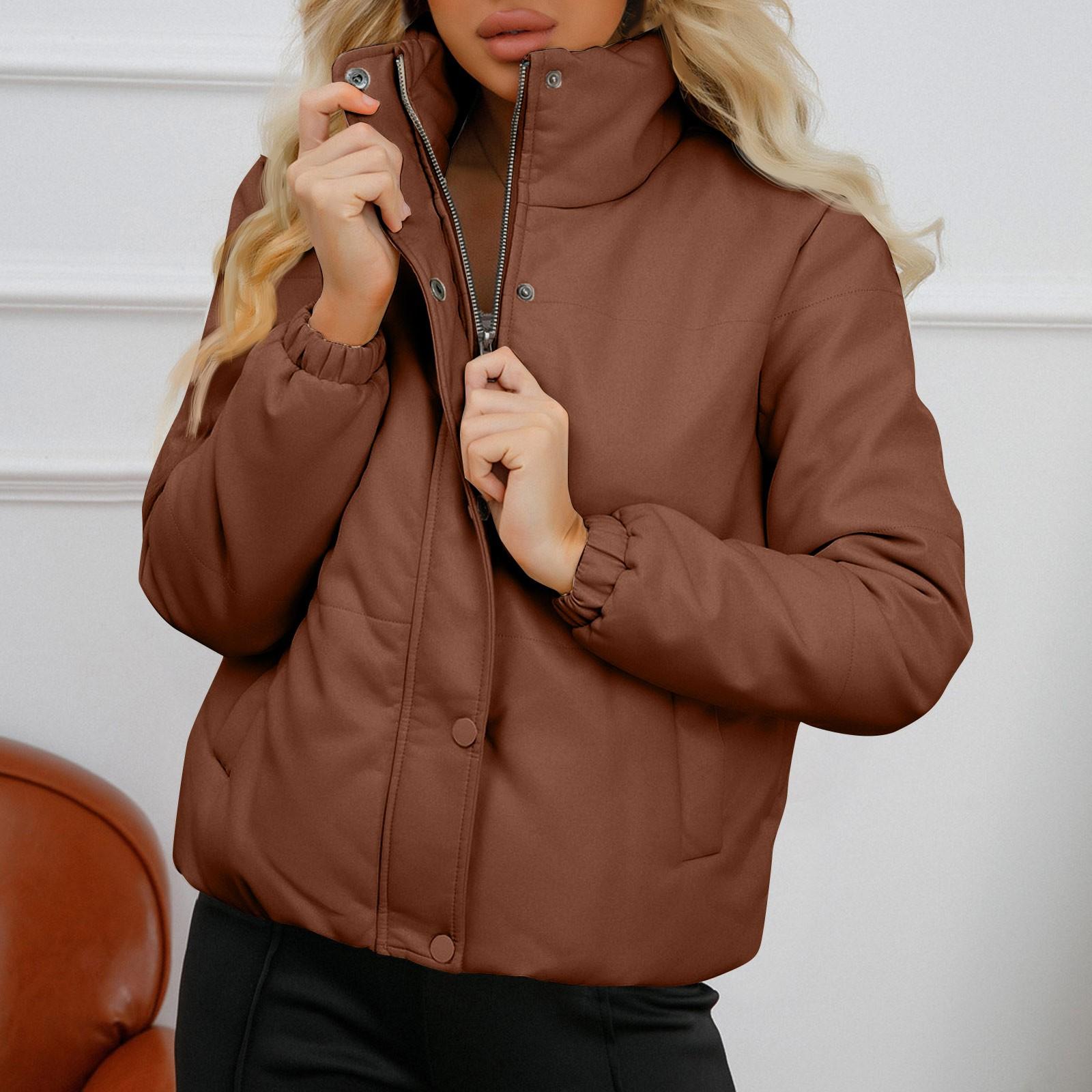 

Женское однотонное длинное кожаное пальто с высоким воротом и толстым хлопковым пальто S кофейный