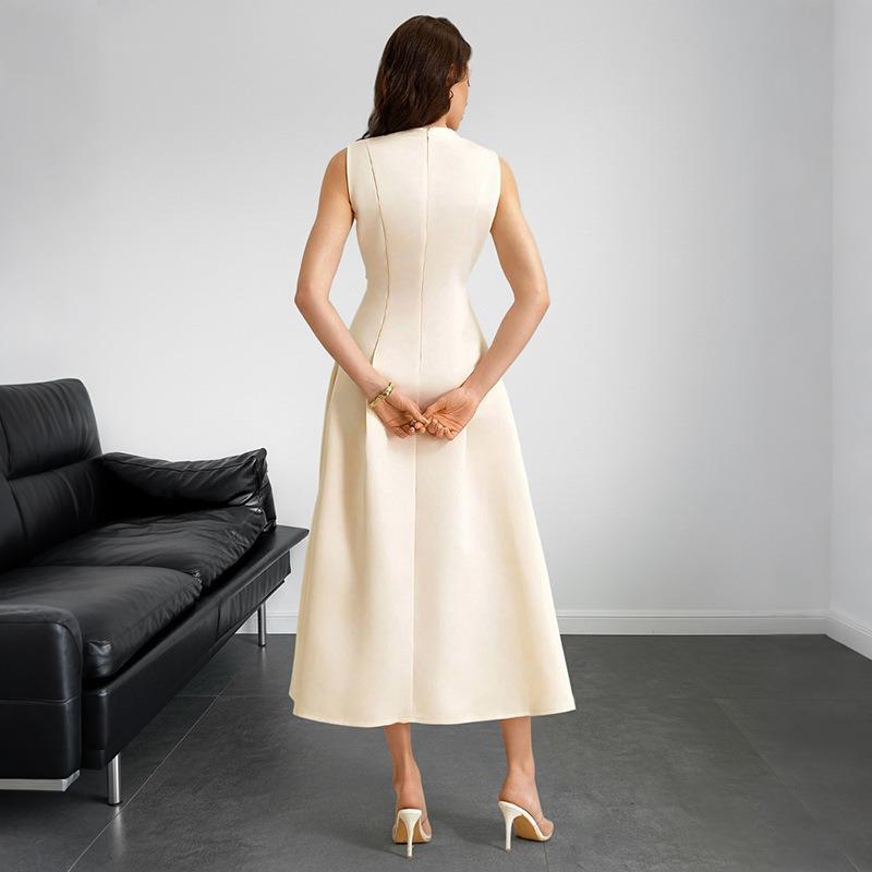 Women's Fashion Summer Spring Solid Color Print Sleeveless O-Neck High Waist Casual Dresses