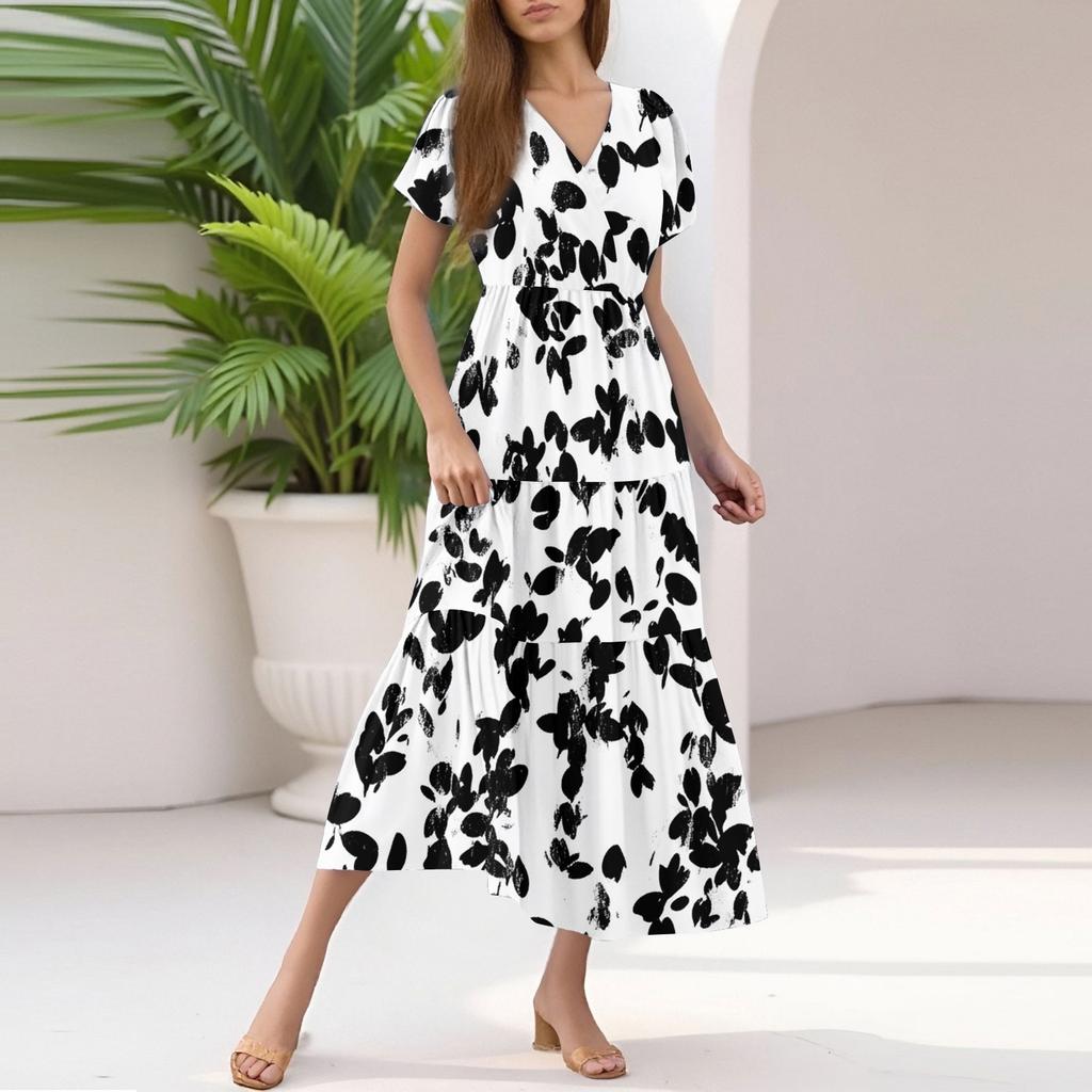 Damen Sommer Casual Mode V-Ausschnitt Rüschenärmel Blumendruck Midi-Kleid