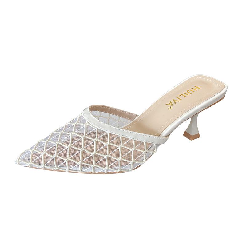 912-W1 Skinny Back Space 2025 Summer New Breathable Hollow Point Thin Heel Wear Mesh Low Heel Sandals Women
