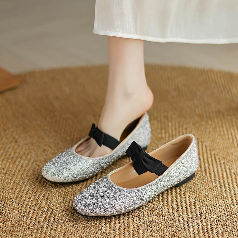Krazing Pot crystal beading Fashion Spring Size 42 41 Low Heels Women round Toe Shoes Ballet Dance Shallow Flats