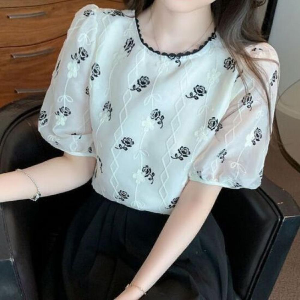 Navava Rose Printing Round Neck Puff Short Sleeve Blouse Nb2659