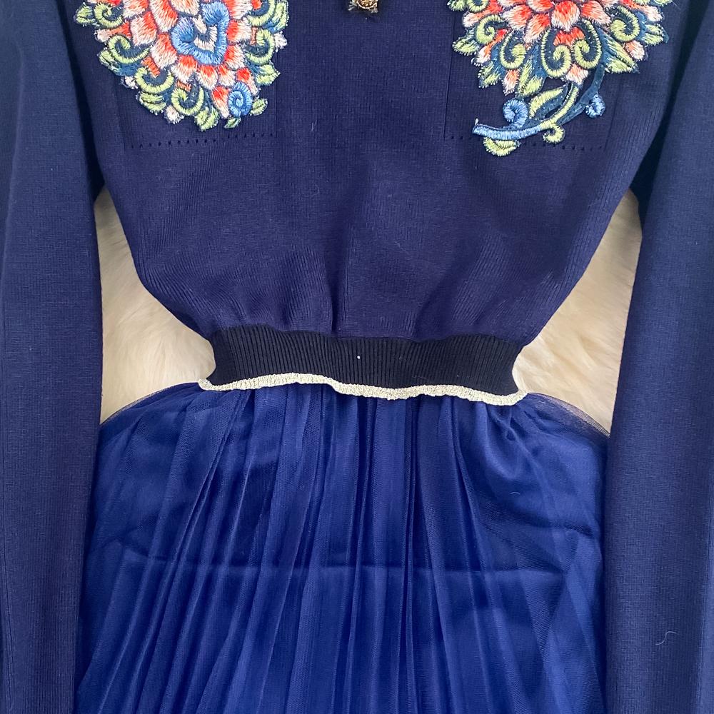 Høst Vinterklær Temperament Langermet Broderi Blomsterstrikket Mellomlang Kjole Uformell Spleising Mesh One Piece Dress