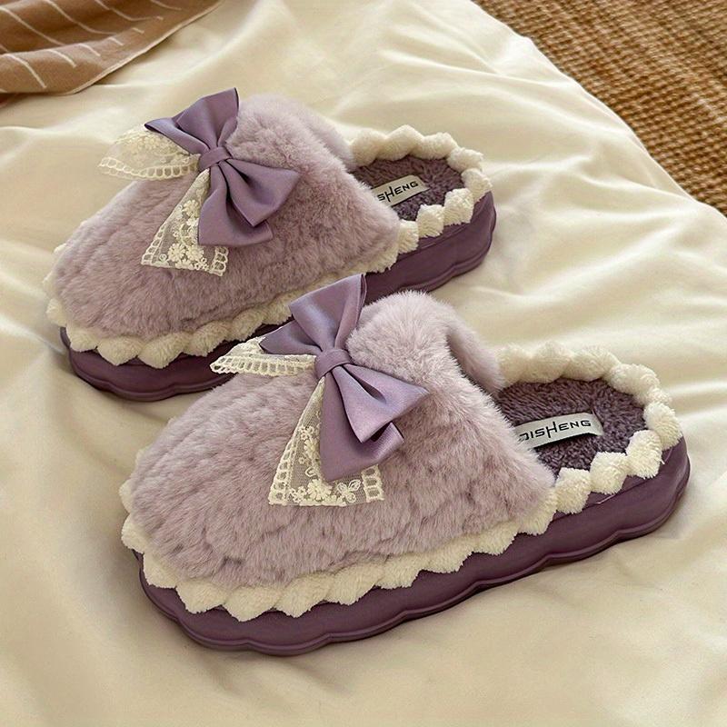 Women's Plush Slip-On Moccasin House Shoes, Cozy Thick Plush Lining with Bow Accent & Soft Fabric Upper, Non-Slip Indoor/Outdoor Winter Slippers