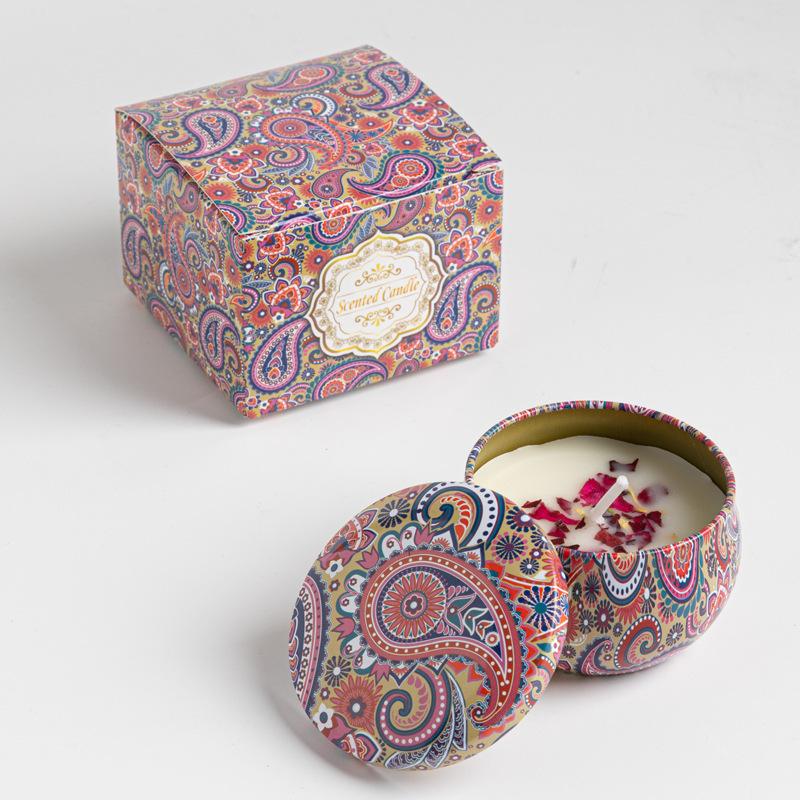 Handmade Cross-Border Dried Flower Aromatherapy Soy Wax Mini Bohemian Style Tin Jar Scented Candles for Gift 6.2*4.1CM&OsmanthusEDP