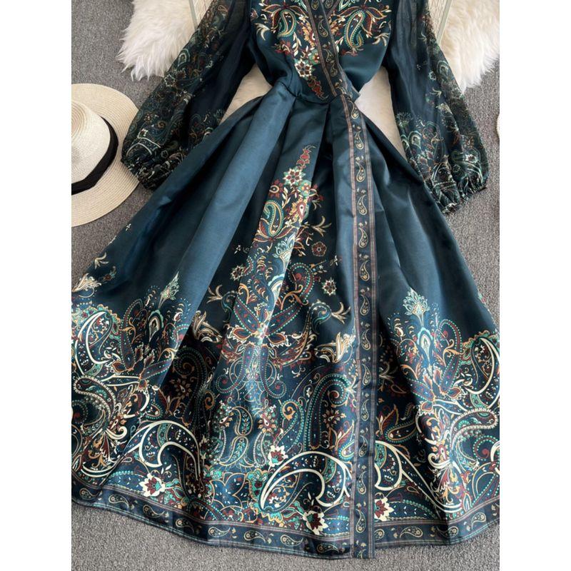 Vintage Court Style Bubble Long Sleeve V Neck Waist-Controlled Lace-up A- Line Printed Dress Elegance Formal Swing Dress Long Skirt