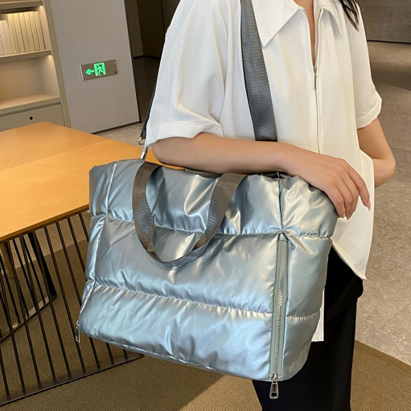 Large Capacity Quilted Nylon Tote Bag for Women Winter Spacious Women's Shoulder Bag for Gym Yoga Shopping Solid Color Padded Space Handbags for Women