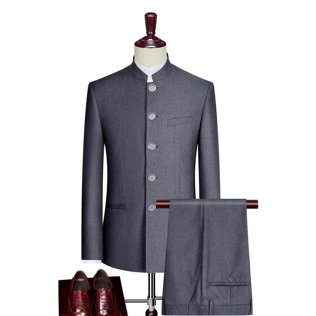 Men's Slim Fit Zhongshan Suit Set - Chinese Style Tuxedo with Stand-Up Collar, Four Seasons Wear