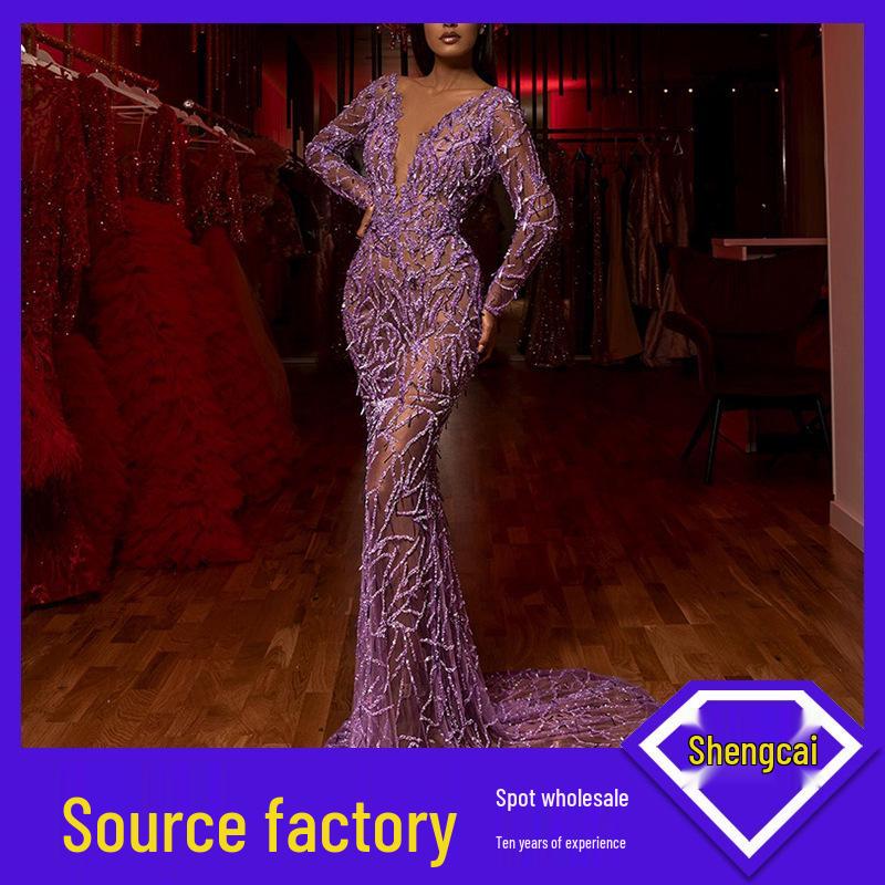 

2025 Women s Deep V Lace Gold Evening Gown with Long Sleeves L