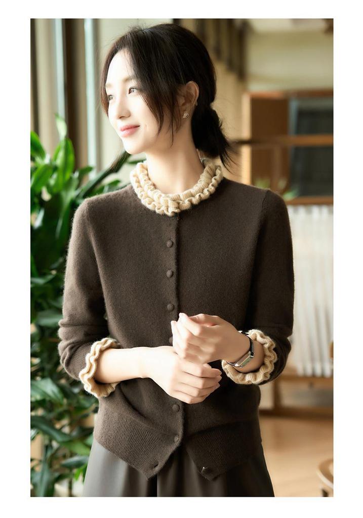 Women's Pure Wool Lace Ruffle Collar Knit Cardigan with Color Block Design